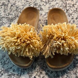 Anthropologie Raffia Pom-Pom Slide Sandals in Mustard/ Tan